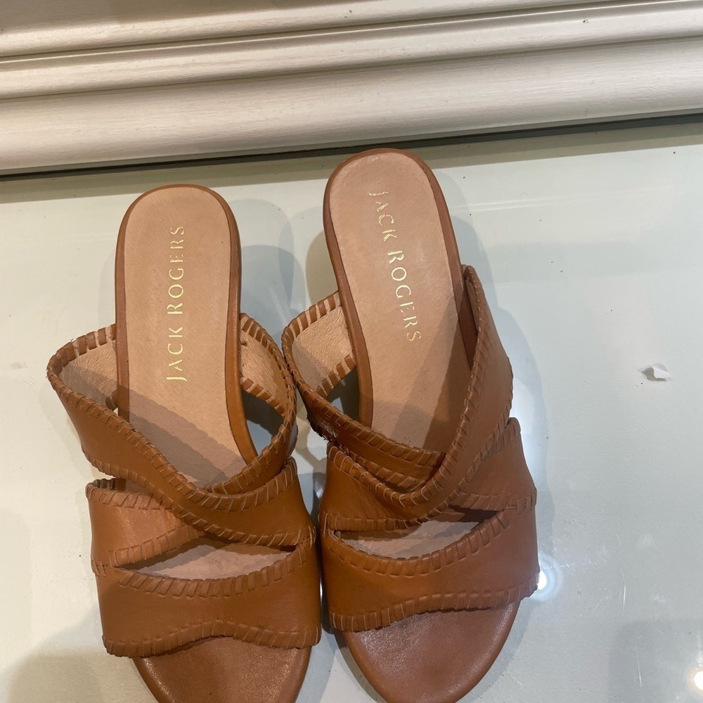 Jack Rogers Womens Brown Jackie Toe Wedge Slip On Leather Slide